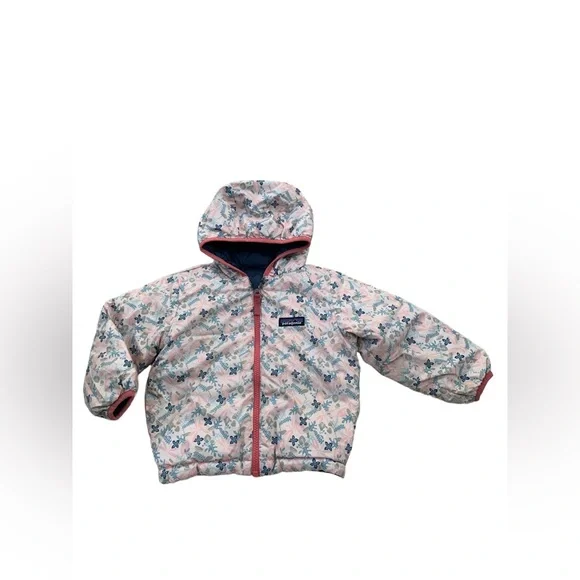 Patagonia Size 2T Reversible Down Sweater Hoodie in Blue and Pink Flowers - Picture 2 of 16